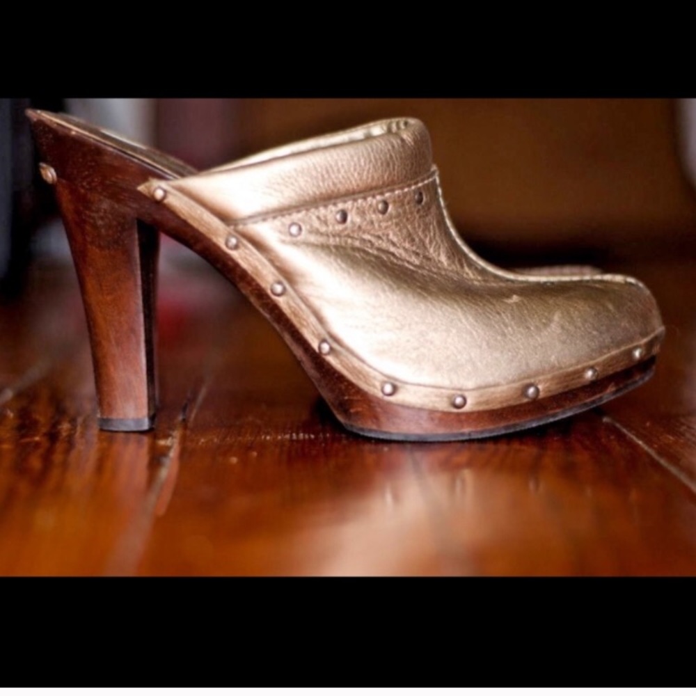 Michael Kors Gold leather wood heel mules